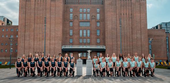 The Boat Race 2025 crews outside Battersea Power Station, London.