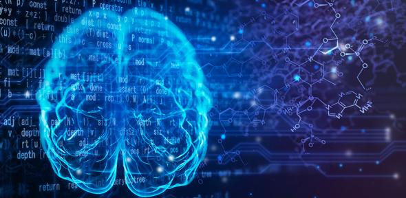 Brain on molecular structure, circuitry, and programming code background
