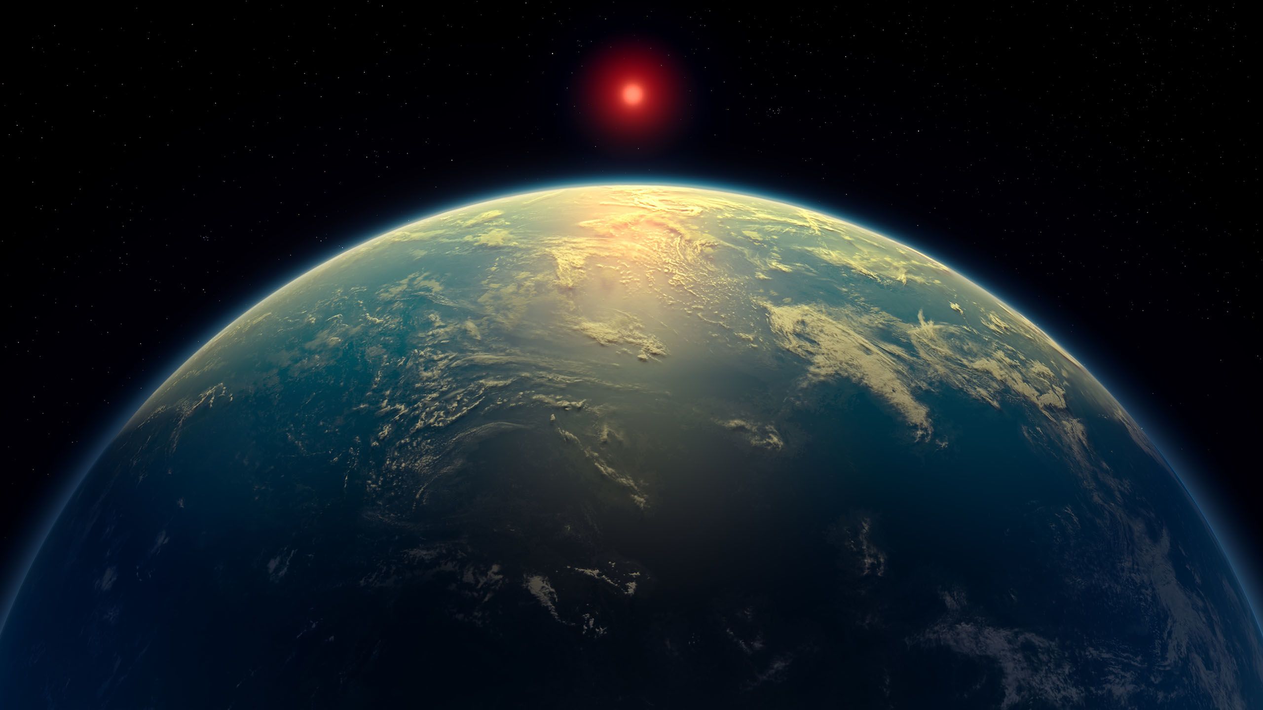 Artist's illustration of a large, ocean-covered planet orbiting a red dwarf star